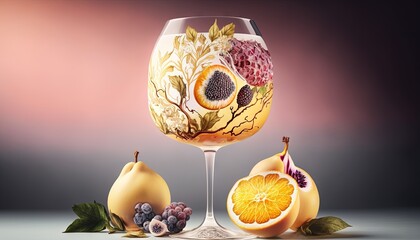 Sticker -  a glass of wine with fruit and leaves on the rim and a half of the wine glass with fruit and leaves on the rim and a half of the glass with fruit on the rim.  generative ai