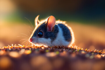 A sweet mouse is seen nestled in the wildflowers, surrounded by the warm light of an autumn sunset. AI generated illustration.