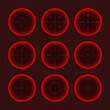 Various weapon thermal infrared sights, sniper rifle optical scopes. Hunting gun viewfinder with crosshair. Aim, shooting mark symbol. Military target sign. Game UI element. Vector illustration