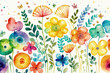 Seamless watercolor flower rainbow design. Rainbows, butterflies, and adorable, vibrant spring flowers on a white backdrop. the hues yellow, coral, green, and blue. fanciful floral pattern. wallpaper