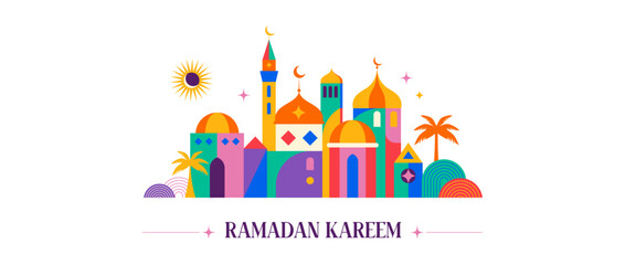 geometric style colorful islamic ramadan kareem banner, poster design. mosque, moon, dome and lanter