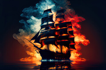 Wall Mural - Burning ship in the night - By Generative AI