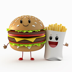 Canvas Print - Cute Cartoon Hamburger and French Fries Fast Food Character (Generative AI)