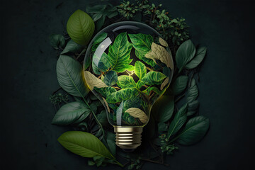 Green eco-friendly lightbulb from fresh leaves top view. Energy saving, ecology and environment sustainable resources conservation concept, illustration, cabbage, food, brain, vector, green, art, 