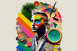 © ink drop - Abstract modern art collage portrait of young man. Trendy paper collage composition. Generative ai