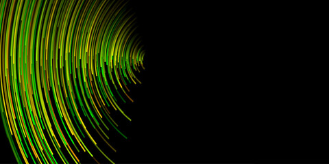 Wall Mural - Abstract illustration with many thin curved stripes in shades of green and yellow colors on black background