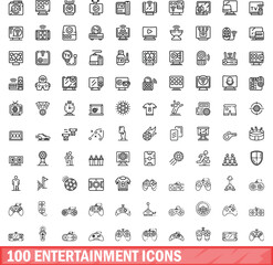Poster - 100 entertainment icons set. Outline illustration of 100 entertainment icons vector set isolated on white background