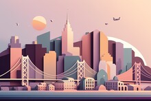 A Minimalist Travel Illustration Of San Francisco City In Pastel Colors With Iconic Symbols, Geometric Fluid Shape Composition