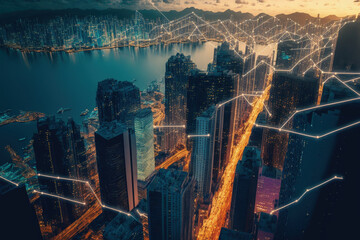 Wall Mural - Downtown Hong Kong's digital network connecting lines. Business hubs and financial districts in a smart city idea. skyscraper and high rise building top view. from above. Generative AI