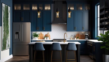 Wall Mural - A stylish, modern kitchen with dark cabinetry and a black island with a quartz countertop. The walls are painted in blue and the room is lit by sleek, industrial-style pendant lights. generative ai