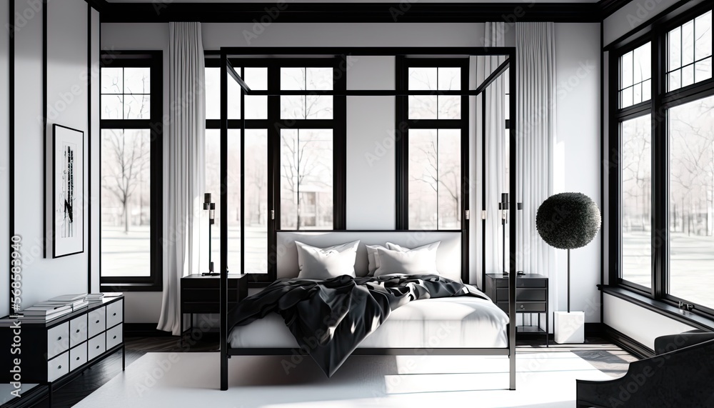 Contemporary bedroom with a black and white color scheme, featuring a ...