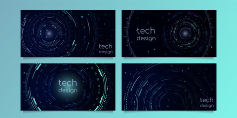 Poster - A set of abstract horizontal banners showing circles, numbers, digital scales, spots of light. Digital interface, portal, teleport and technology concept.
