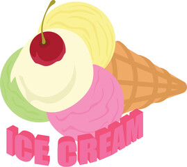Sticker - Ice cream icon isometric vector. Multicolored scoop of ice cream in waffle cone. Sweet food, dessert