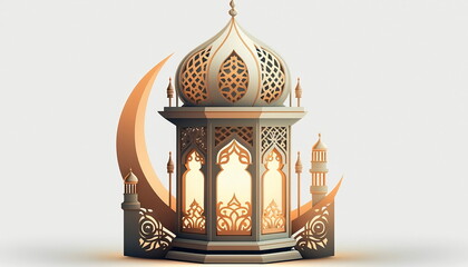 White gold Islamic light lantern flat background, with copy space area. Generated with AI. Suitable to use for Ramadan or Eid al-Adha and Eid al-Fitr event