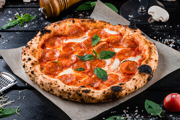 Canvas Print - Italian pepperoni pizza with mozzarella, tomato sauce, spinach on thick dough from the oven.