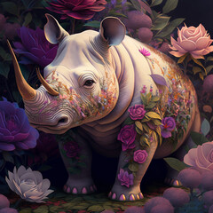 Canvas Print - A rhinoceros and flowers