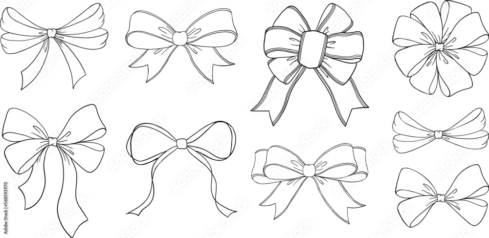 Set of sketched bow and ribbon. Hand drawn vintage line art vector ...
