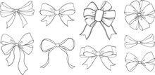 Set Of Sketched Bow And Ribbon. Hand Drawn Vintage Line Art Vector Illustration.