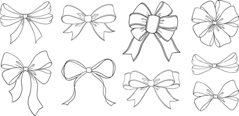 set of sketched bow and ribbon. hand drawn vintage line art vector illustration.