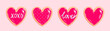 © Sophie Alp - 4 heart cookies in a row. 4 shiny red icing decorations - plain, polkadots, hand lettering LOVE and XOXO writing . valentine's day sugar cookie drawing graphic resource for newsletter, blog, social