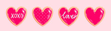 4 Heart Cookies In A Row. 4 Shiny Red Icing Decorations - Plain, Polkadots, Hand Lettering LOVE And XOXO Writing . Valentine's Day Sugar Cookie Drawing Graphic Resource For Newsletter, Blog, Social