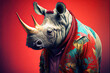 Created with Generative AI technology. rhinoceros dressed in hippy clothes. Humanizationa of animals concept