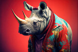 Fototapeta  - Created with Generative AI technology. rhinoceros dressed in hippy clothes. Humanizationa of animals concept