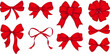 Set of red sketched bow and ribbon. Hand drawn vintage line art vector illustration.