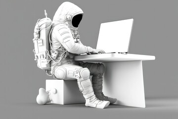 Wall Mural - 3D Astronaut sits at a desk and works on the laptop. Side view black and white background. Generative AI