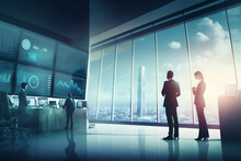 Business People Inside Large High Tech Office With Large Window