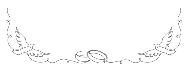 Fototapete - One continuous line drawing of Wedding rings and white dove. Romantic invitation design and symbol engagement and love marriage in simple linear style. Editable stroke. Doodle vector illustration