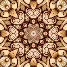 Brown White Mandala From Large Number Of Tiny Seashells. Mandala Made From Natural Objects. Natural Ornament. Symmetry. Fractals And Kaleidoscope. Abstract Kaleidoscopic Arabesque. Geometrical Pattern