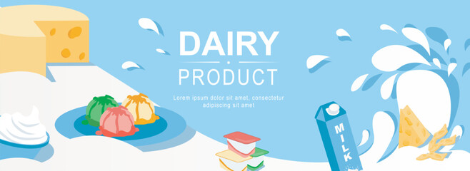 Wall Mural - Dairy product horizontal web banner. Farm cheese, sour cream, ice cream balls, yogurt and milk in packaging, liquid splashes. Vector illustration for header website, cover templates in modern design