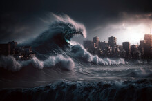 Huge tsunami destroying a city. Dramatic scenery with a apocalyptic big wave flooding the lanscape. Natural disaster. Generative ai