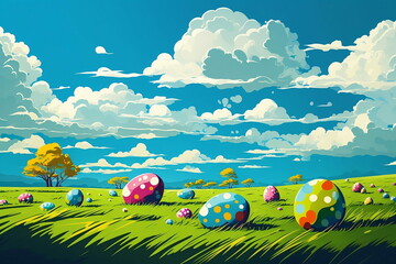 gouache art of a green grass field with colorful easter eggs under a springtime blue sky with bright white clouds, created by generative AI 