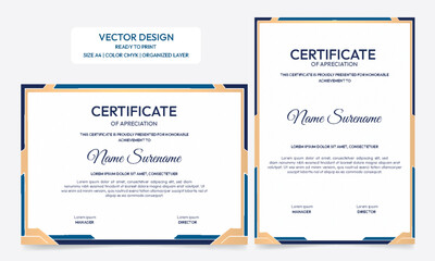 Blue and gold certificate of achievement template with gold border