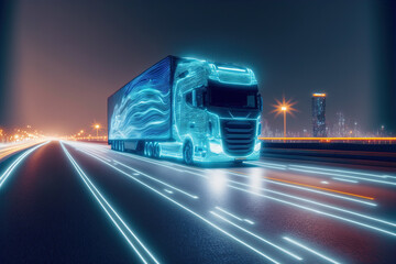 Self driving futuristic freight truck deliver goods to warehouse on city highway road with advanced scanning sensor for safety and speed control . Sublime Generative AI image .