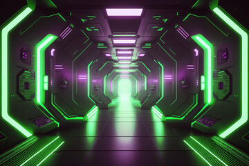 Aufkleber - green spaceship futuristic sci-fi tunnel passageway with glowing shiny neon lights ,futuristic sci-fi background hight resolution , ,3D illustration