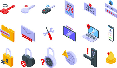 Poster - Wrong password icons set isometric vector. Key lock. Forget security