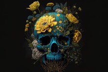 Floral Design In Blue And Yellow, Arranged Around A Human Skull, On A Black Backdrop. Generative AI