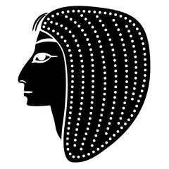 Wall Mural - Head of an ancient Egyptian person wearing wig in profile. Black and white negative silhouette.