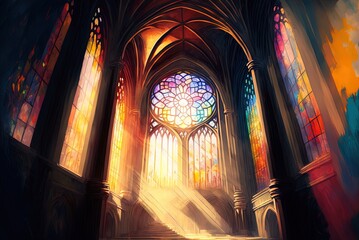 cathedral interior with colorful stained glass windows and beautiful natural light. generative ai