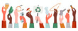 Hands holding different kind of trash flat icons set. Rubbish recycling. Steel, plastic and glass bottle. Litter sorting