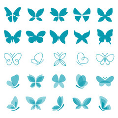 Butterflies flat icons set. Abstract hand drawn and contemporary line art insect design elements
