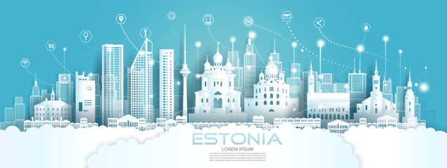 Wall Mural - Technology wireless network communication smart city with icon in Estonia.