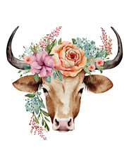Watercolor Cow And Flower On Head, Generative Ai