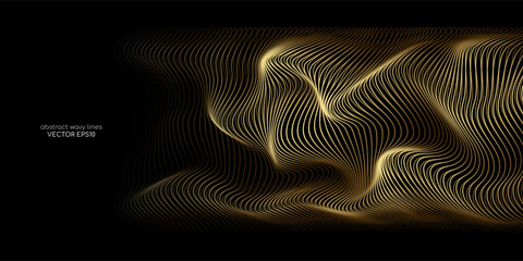 Aufkleber - 3D Vector wave lines pattern smooth curve flowing dynamic gold gradient light isolated on black background for concept luxury, technology, digital, communication, science, music.