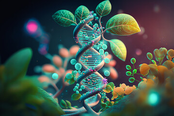dna helix with green plants, generative ai