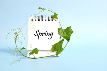 Wall Mural - Spring season reminder concept. Selective focus of desk calendar on blue background with spring leaves and copy space. 