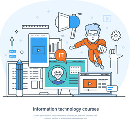 Information technology courses, e-learning, online education business management. Modern technologies to solve organizational and business problems thin line design of vector doodles